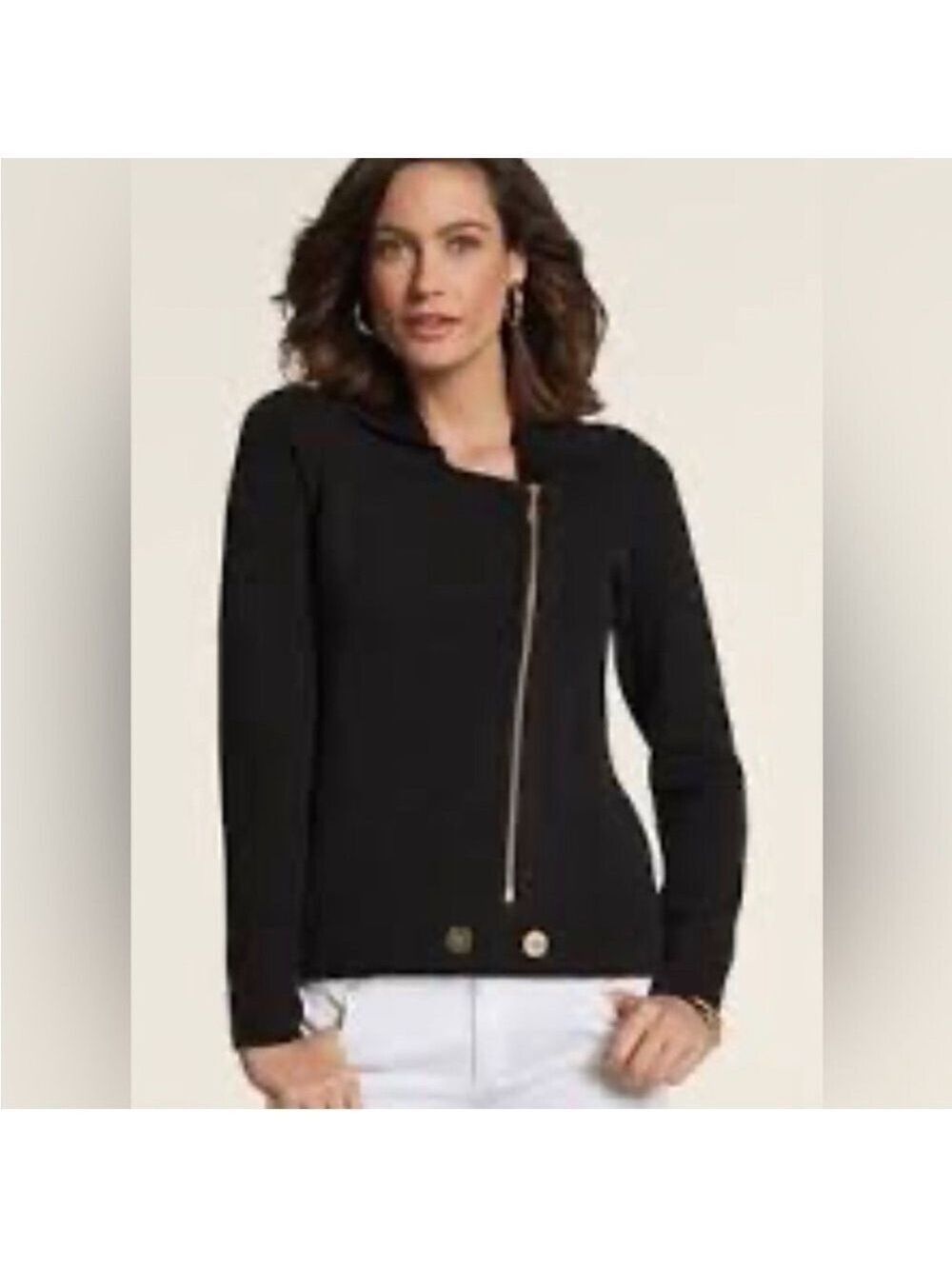 Chico’s Britt Black Moto Style Asymmetrical Knit Zip Front Cardigan, size 2 (L)